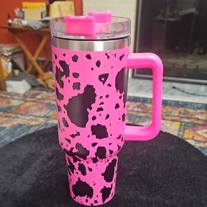 Pink and Black Cow Print Insulated Travel Mug with Handle 40 Oz New